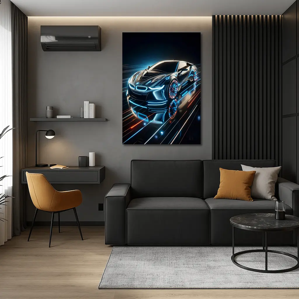 BMW i8 Neon Light Trails Dark Background – Wall Art