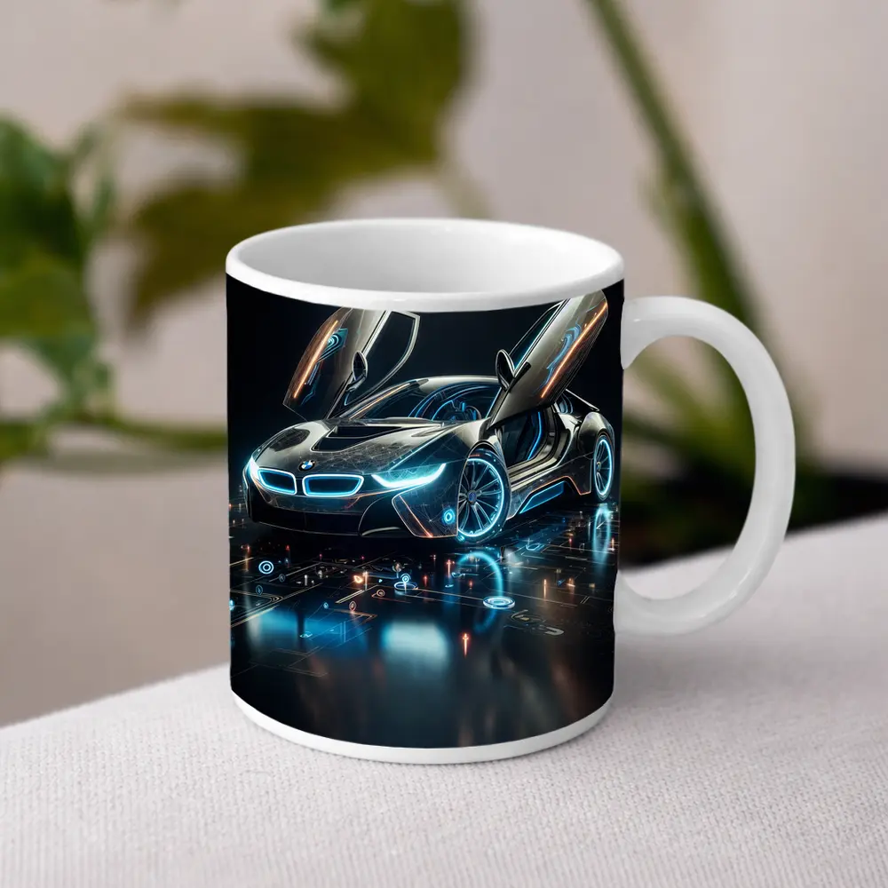 BMW i8 Glowing Neon Digital Dark Background – Mugs