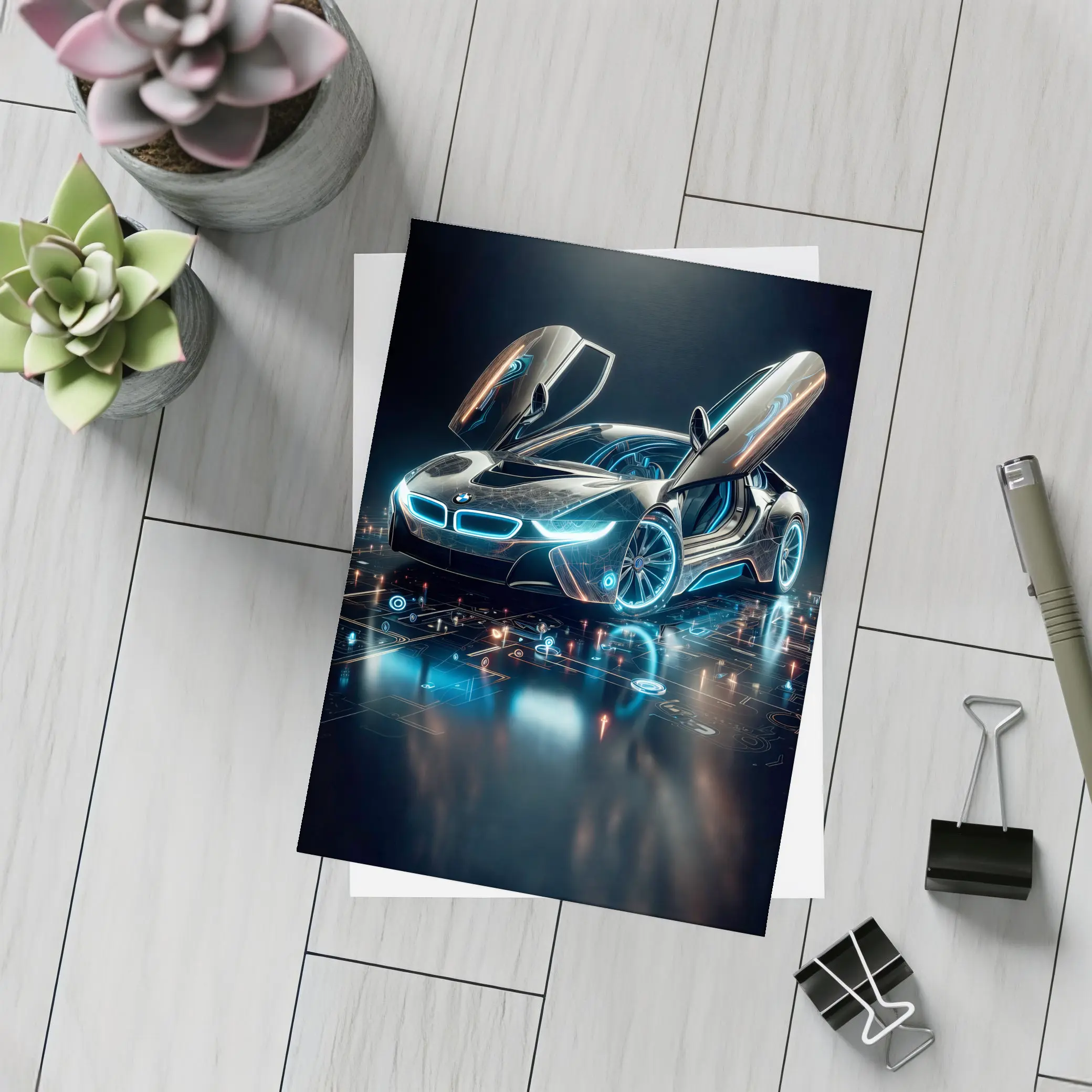 BMW i8 Glowing Neon Digital Dark Background – Postcards
