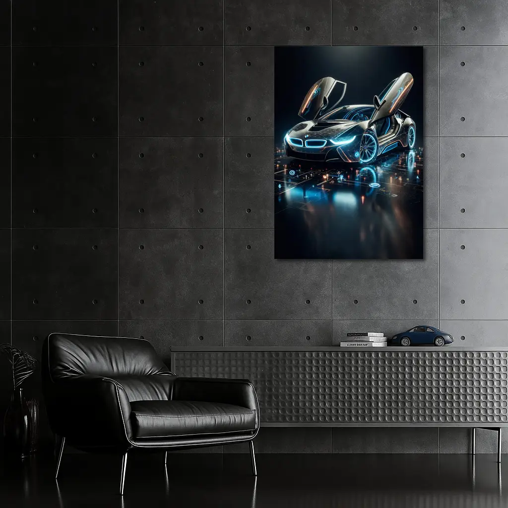 BMW i8 Glowing Neon Digital Dark Background – Wall Art