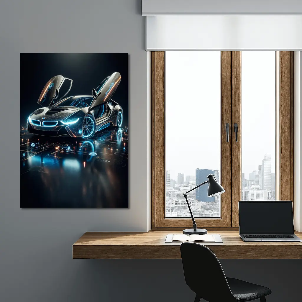 BMW i8 Glowing Neon Digital Dark Background – Wall Art