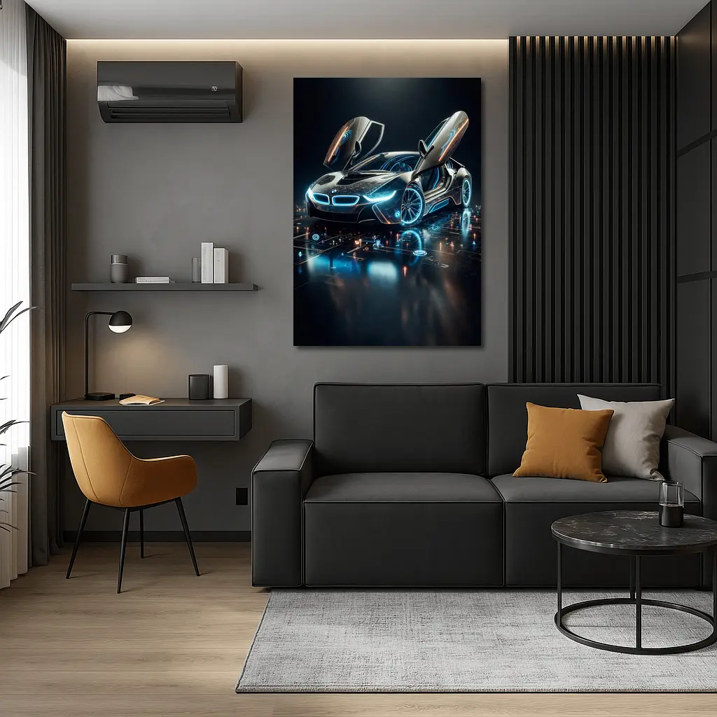 BMW i8 Glowing Neon Digital Dark Background – Wall Art