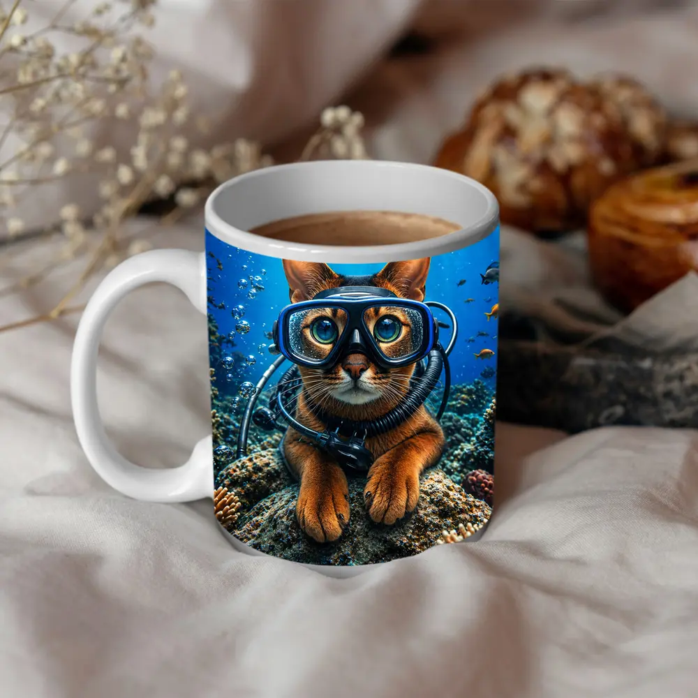 Abyssinian Cat Scuba Diver Underwater Coral Reef – Mugs
