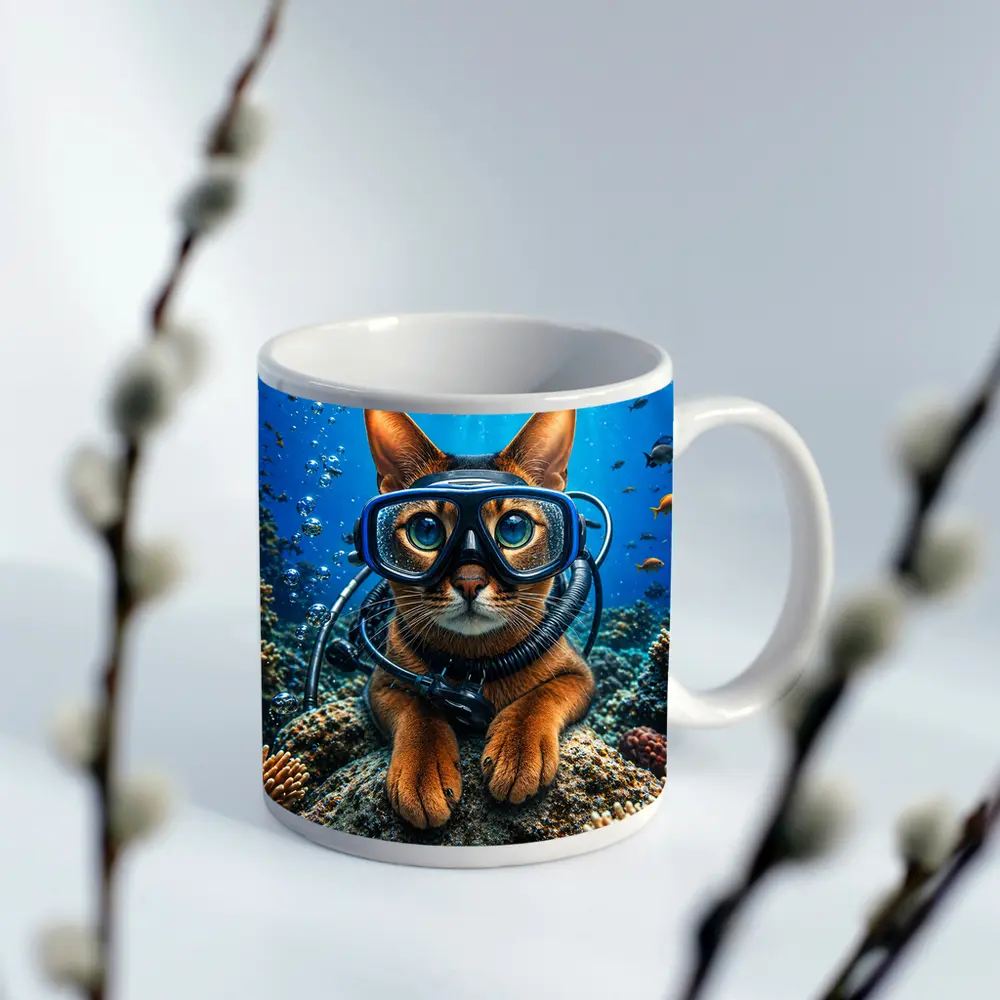 Abyssinian Cat Scuba Diver Underwater Coral Reef – Mugs