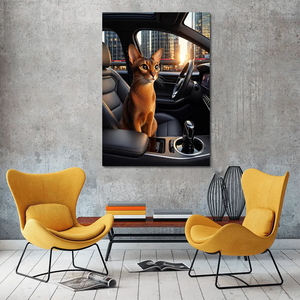Abyssinian Cat Inside Modern Car City – Wall Art