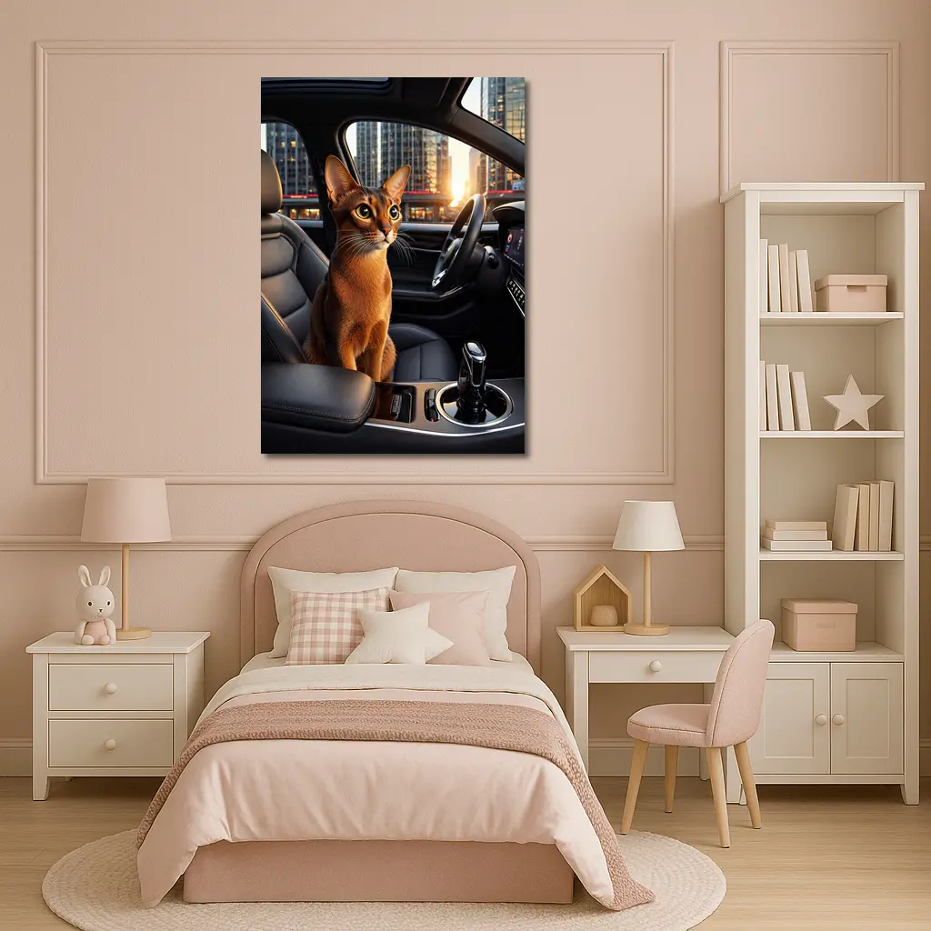 Abyssinian Cat Inside Modern Car City – Wall Art