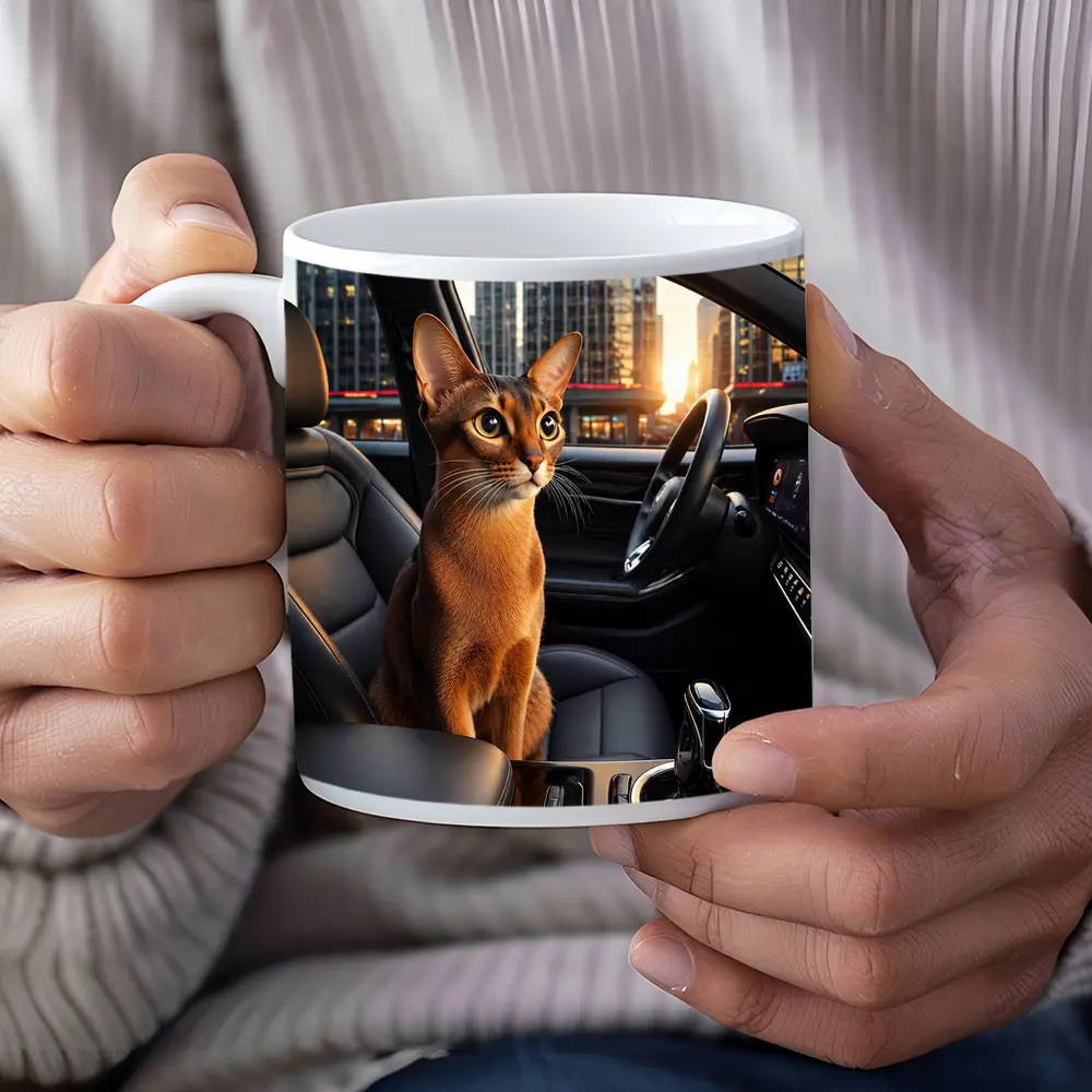 Abyssinian Cat Inside Modern Car City – Mugs