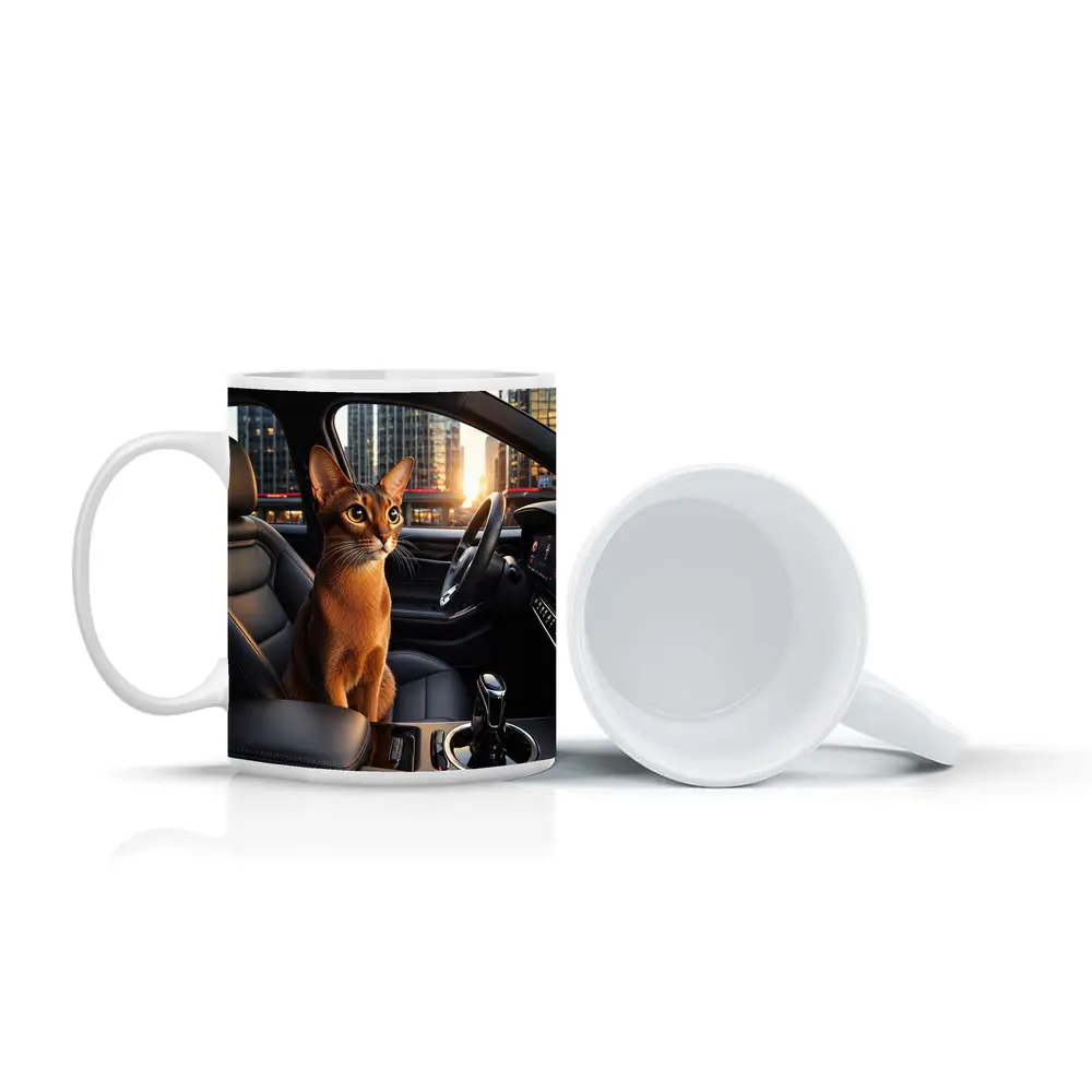 Abyssinian Cat Inside Modern Car City – Mugs