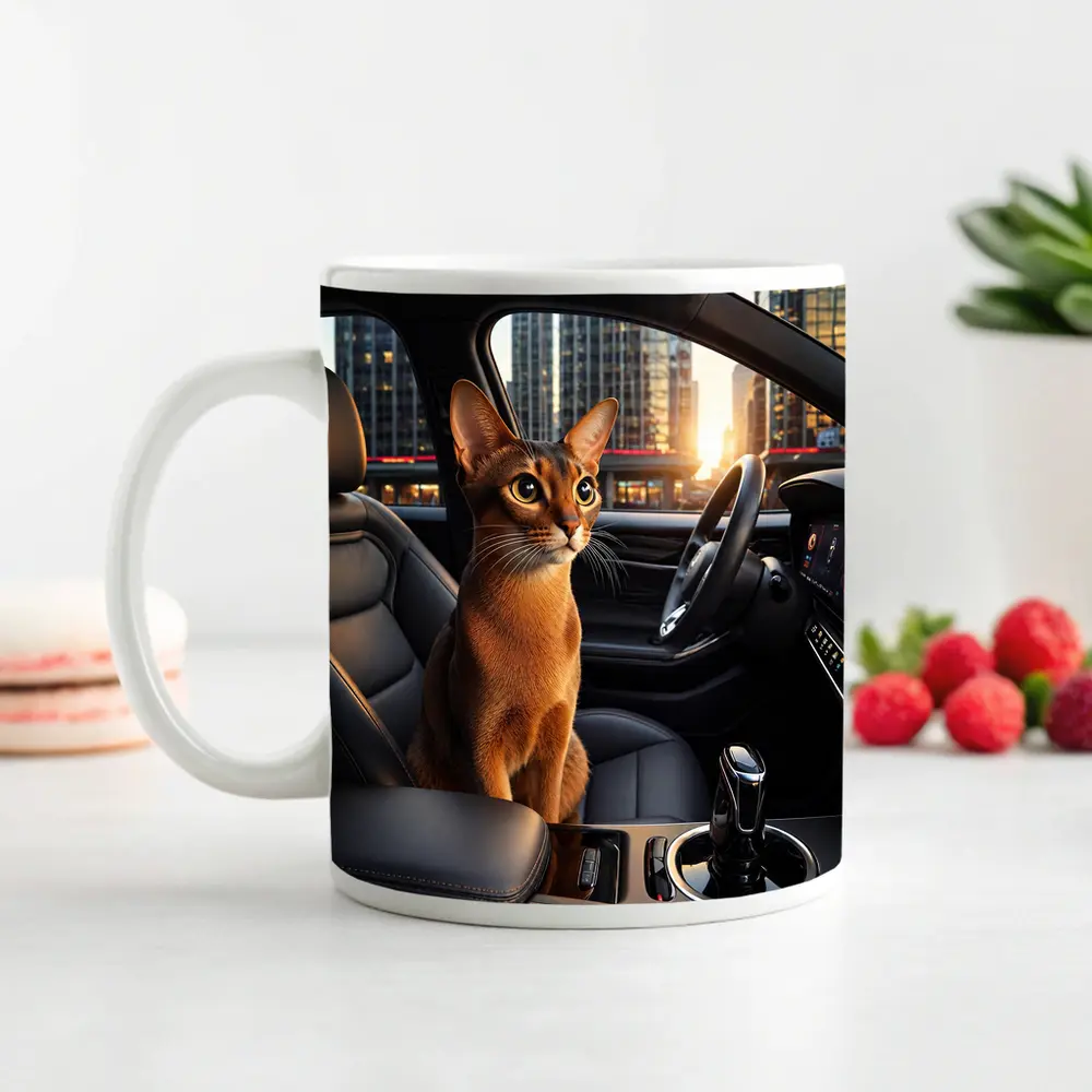 Abyssinian Cat Inside Modern Car City – Mugs