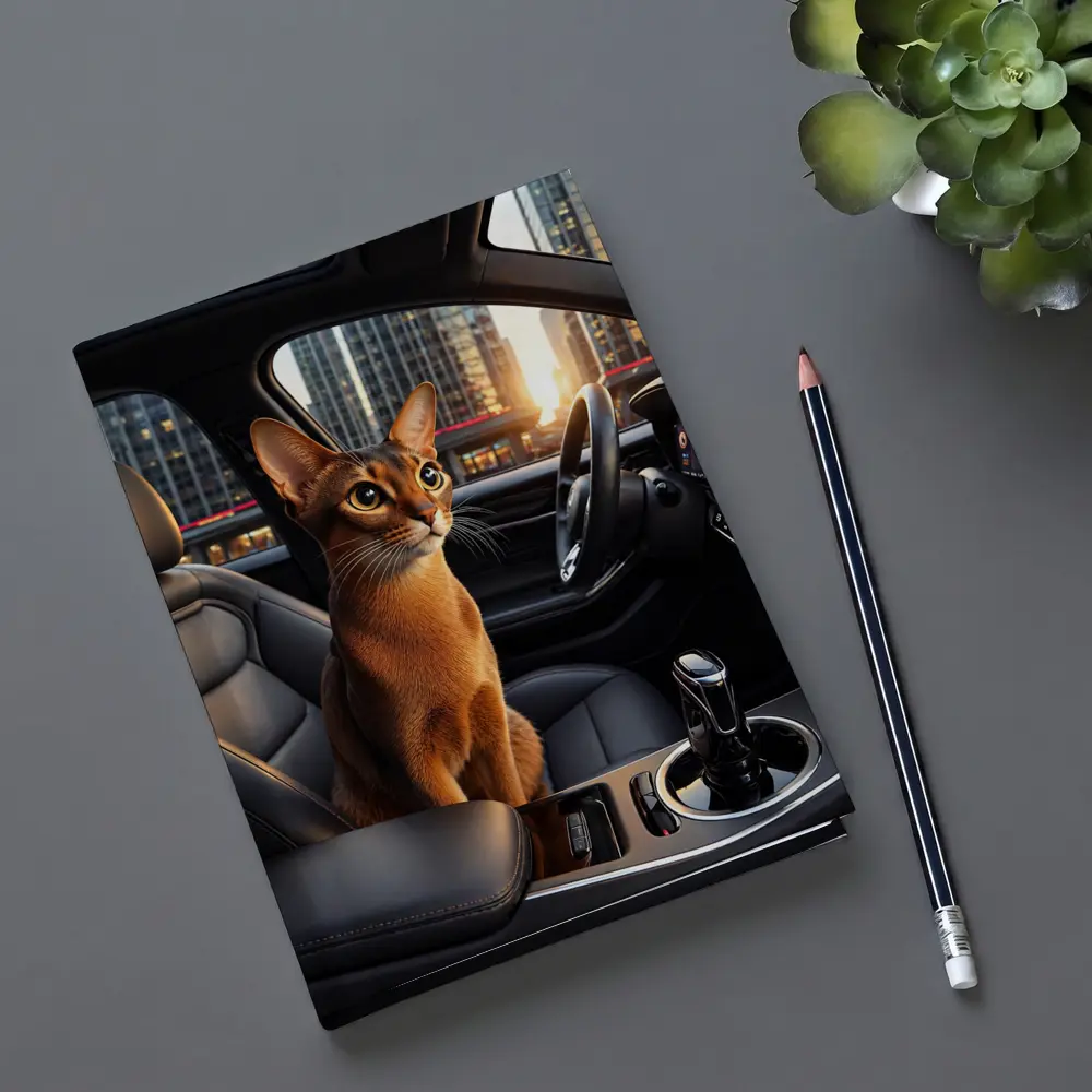 Abyssinian Cat Inside Modern Car City – Notebooks