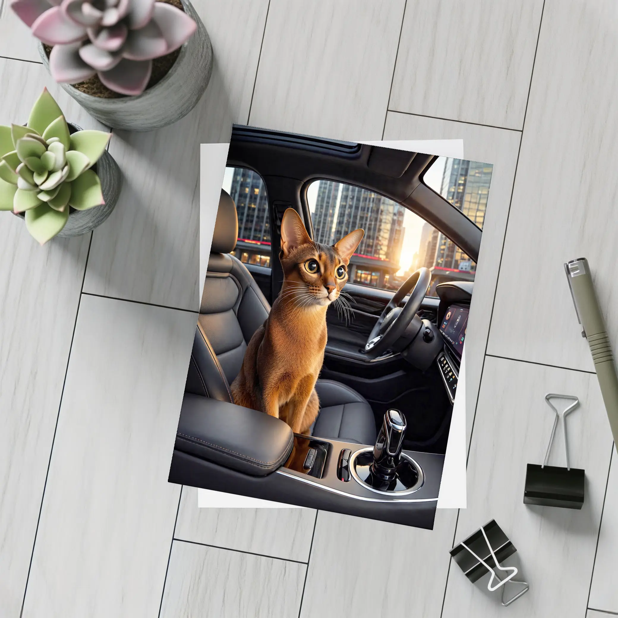 Abyssinian Cat Inside Modern Car City – Postcards