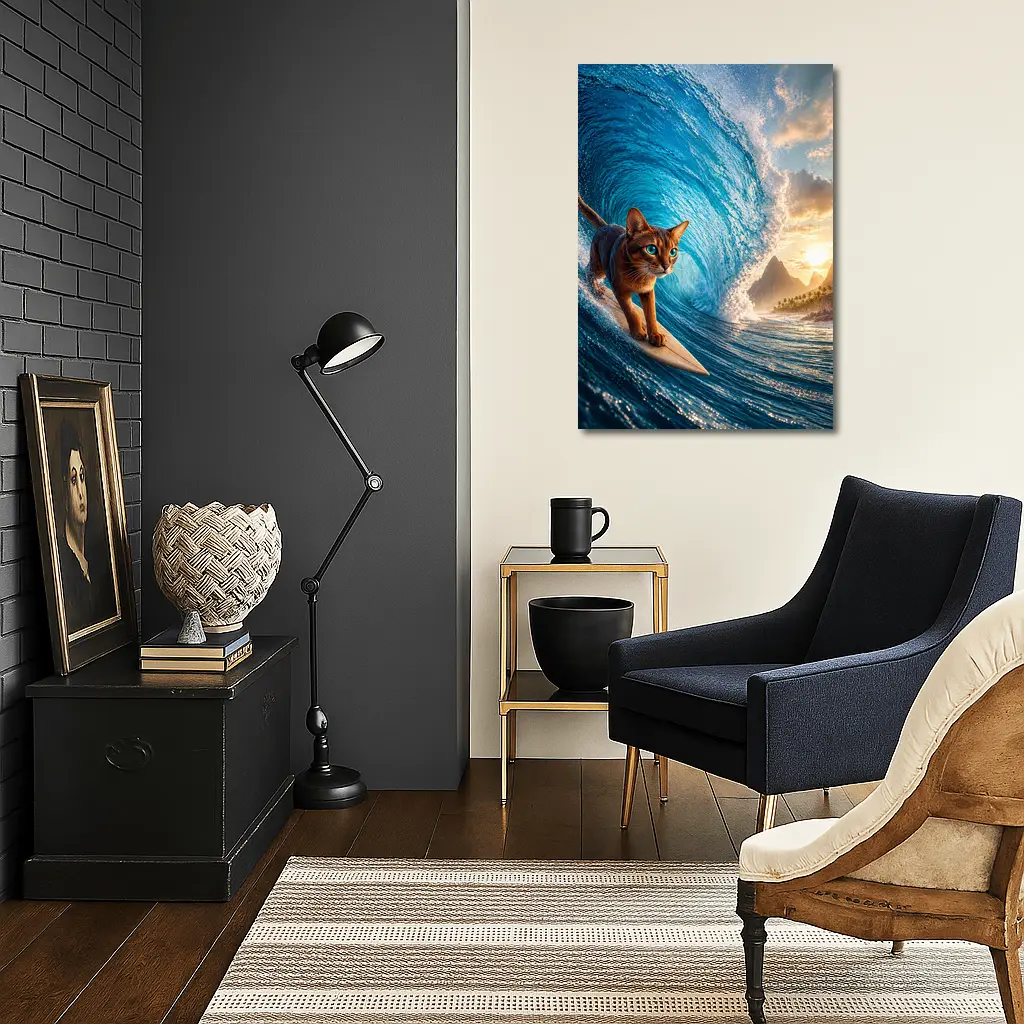 Abyssinian Cat Surfing Giant Ocean Wave – Wall Art