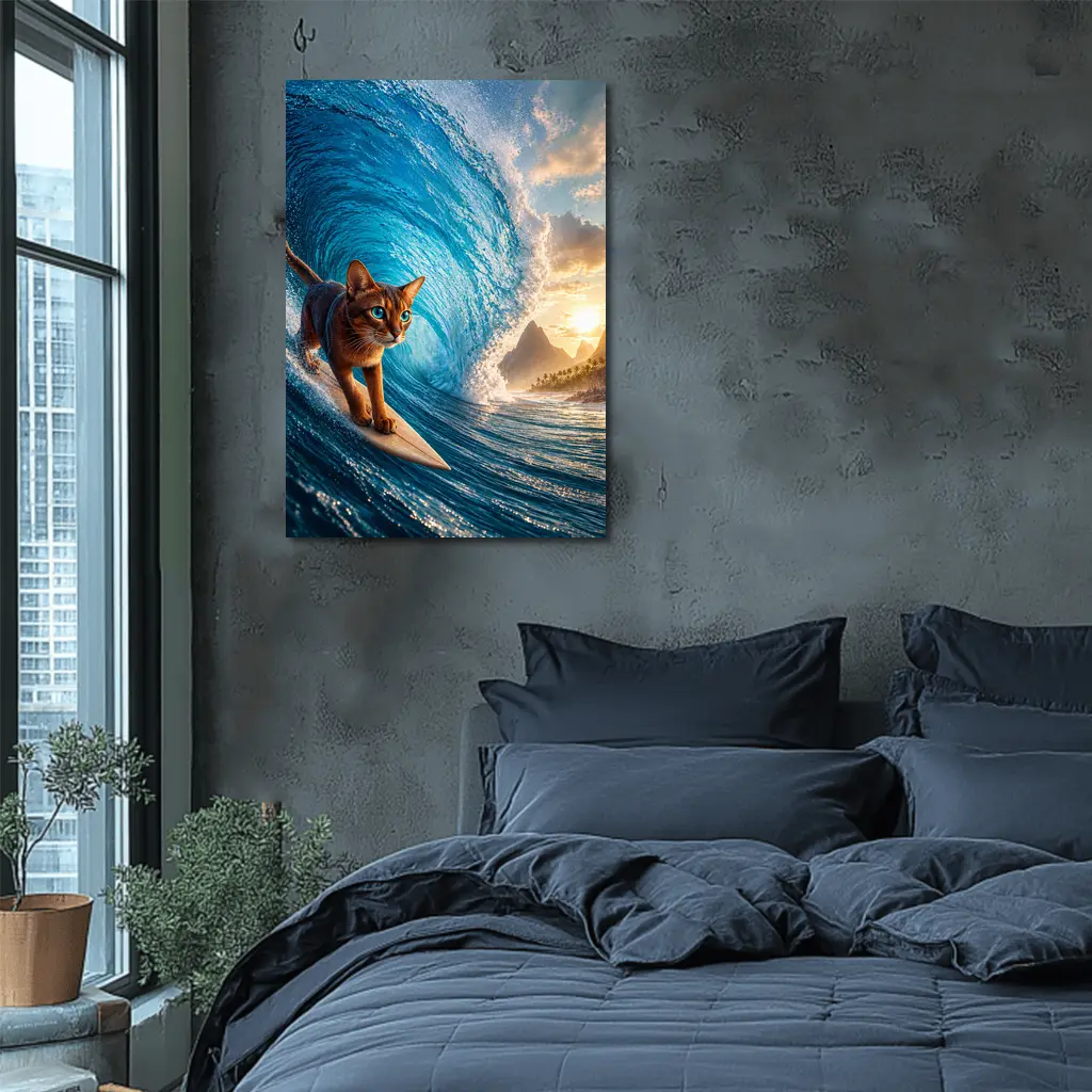 Abyssinian Cat Surfing Giant Ocean Wave – Wall Art