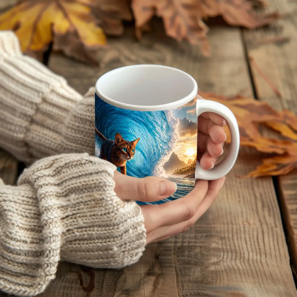 Abyssinian Cat Surfing Giant Ocean Wave – Mugs