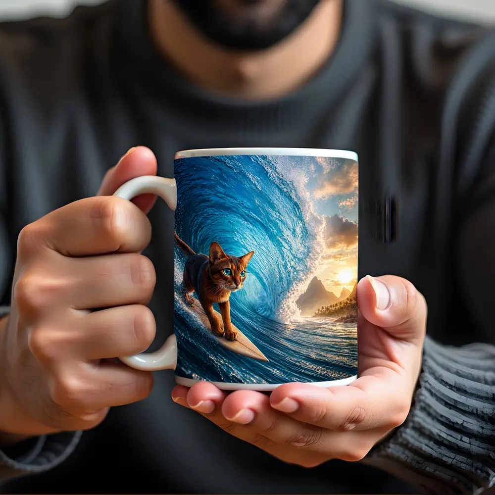 Abyssinian Cat Surfing Giant Ocean Wave – Mugs