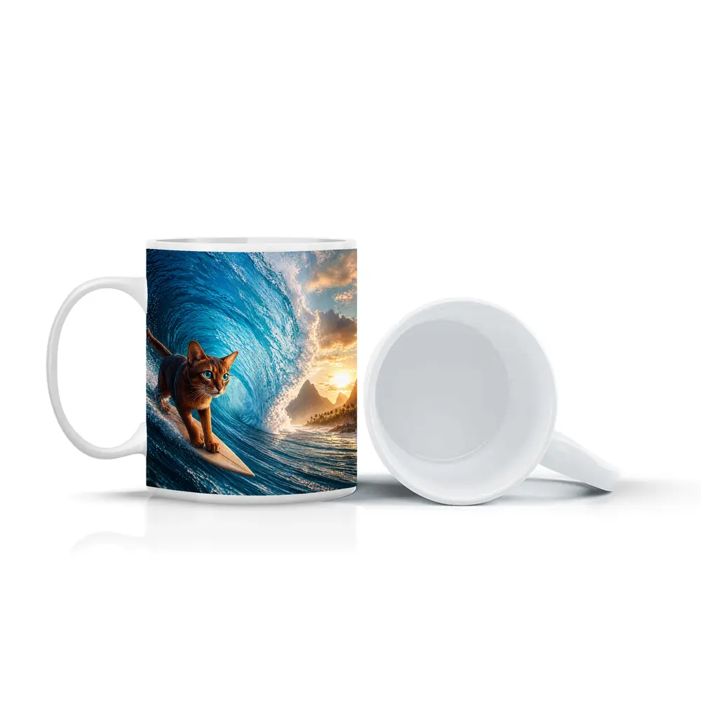Abyssinian Cat Surfing Giant Ocean Wave – Mugs