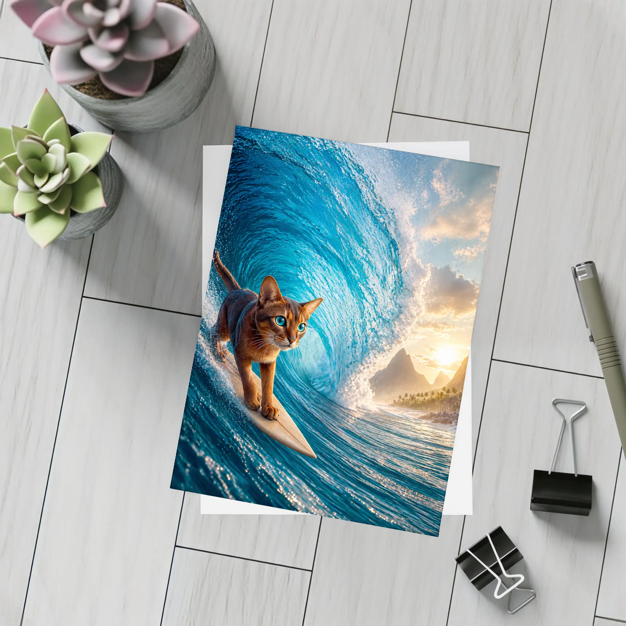 Abyssinian Cat Surfing Giant Ocean Wave – Postcards