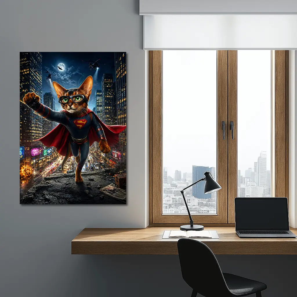 Abyssinian Cat Superman Hero City Night – Wall Art