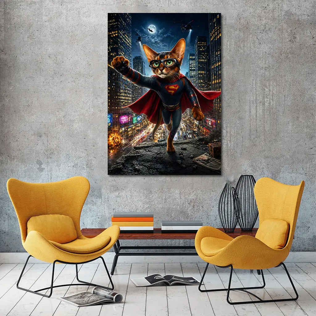 Abyssinian Cat Superman Hero City Night – Wall Art