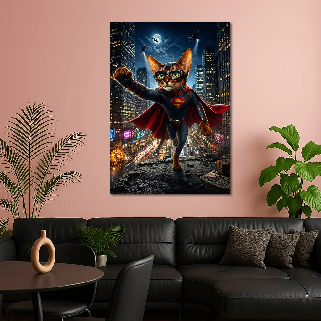 Abyssinian Cat Superman Hero City Night – Wall Art