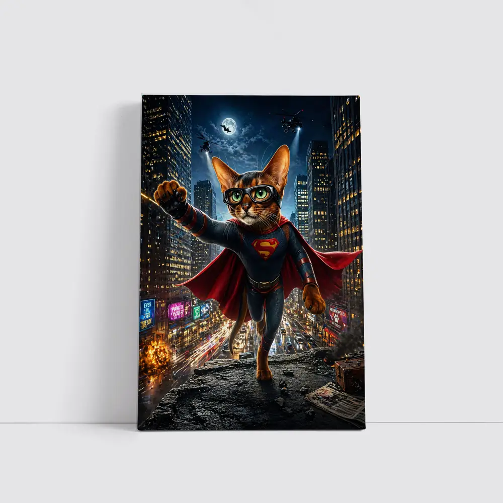 Abyssinian Cat Superman Hero City Night – Wall Art