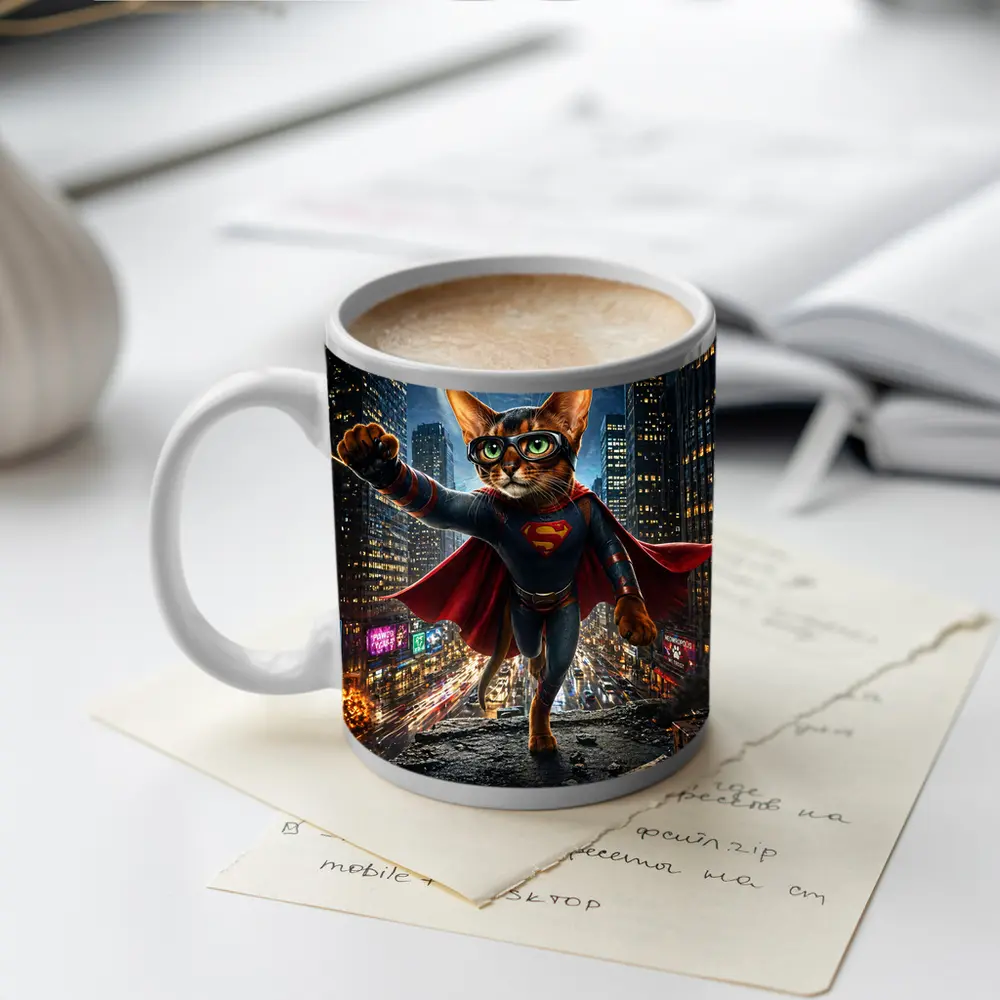 Abyssinian Cat Superman Hero City Night – Mugs