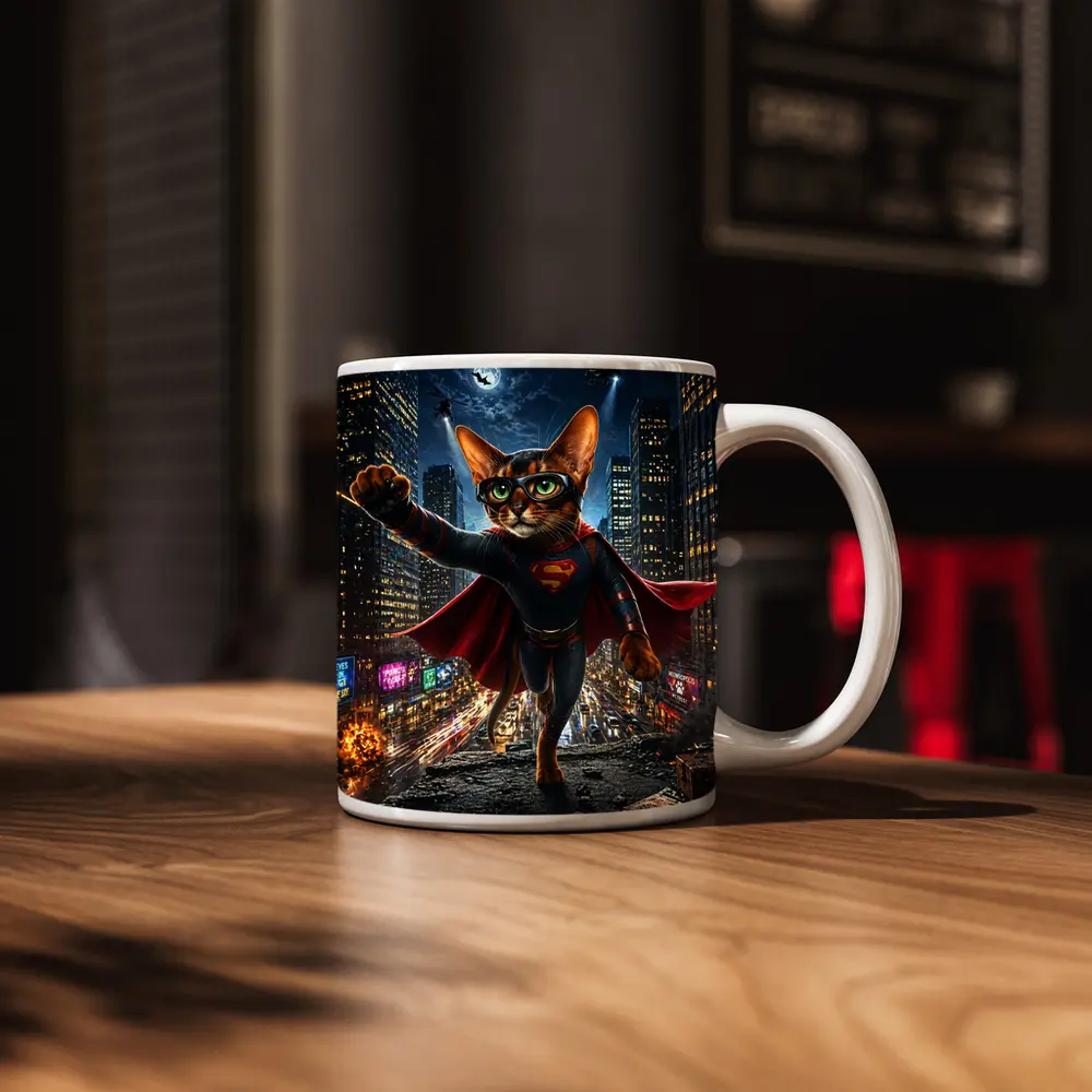 Abyssinian Cat Superman Hero City Night – Mugs