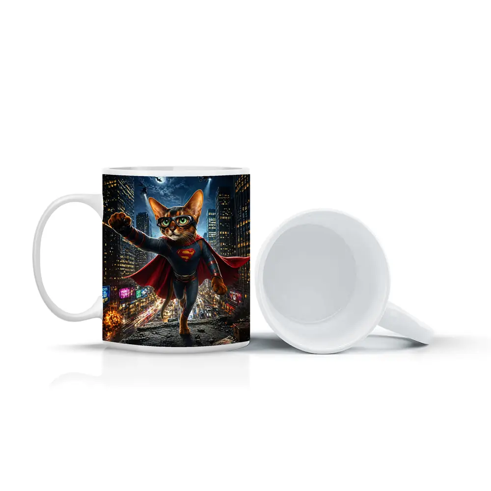 Abyssinian Cat Superman Hero City Night – Mugs