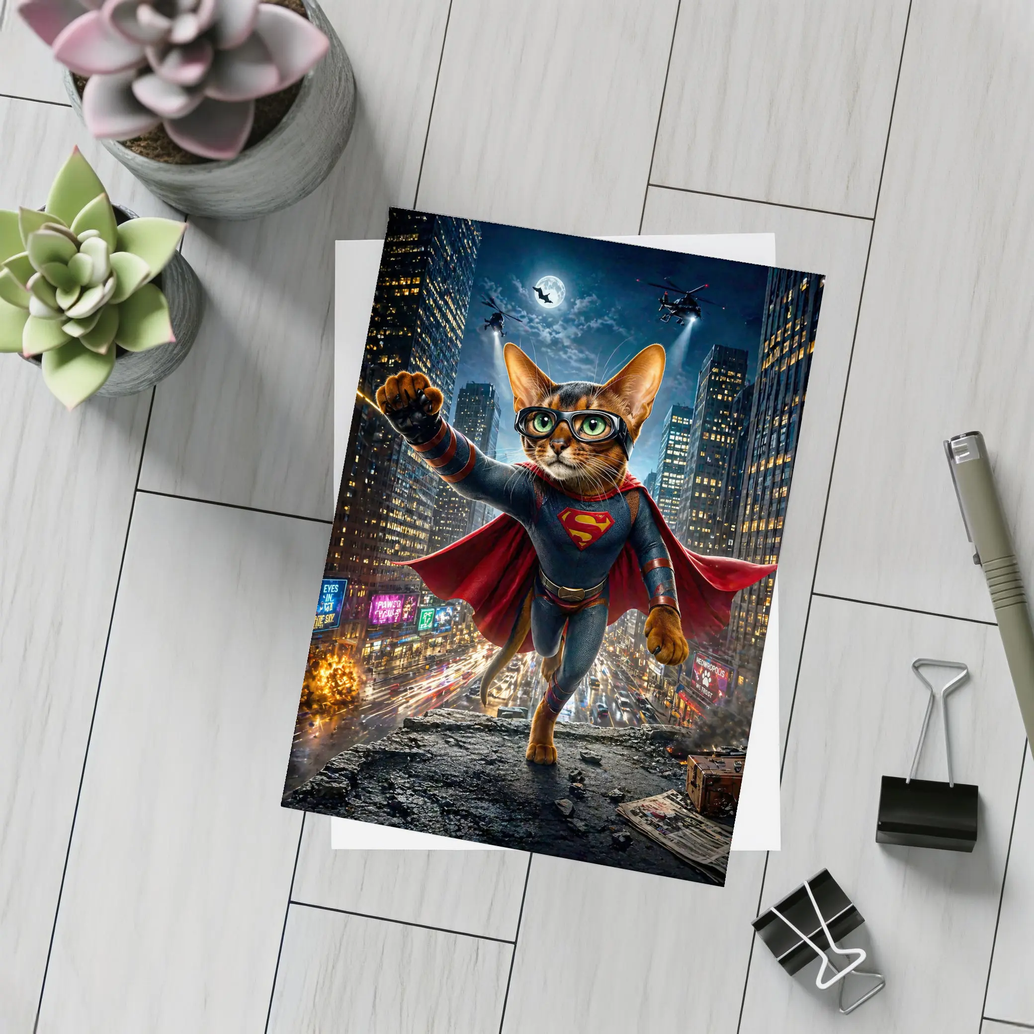 Abyssinian Cat Superman Hero City Night – Postcards