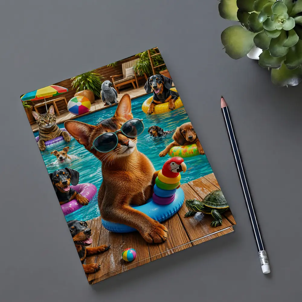 Abyssinian Cat Pool Party With Friends – Notebooks