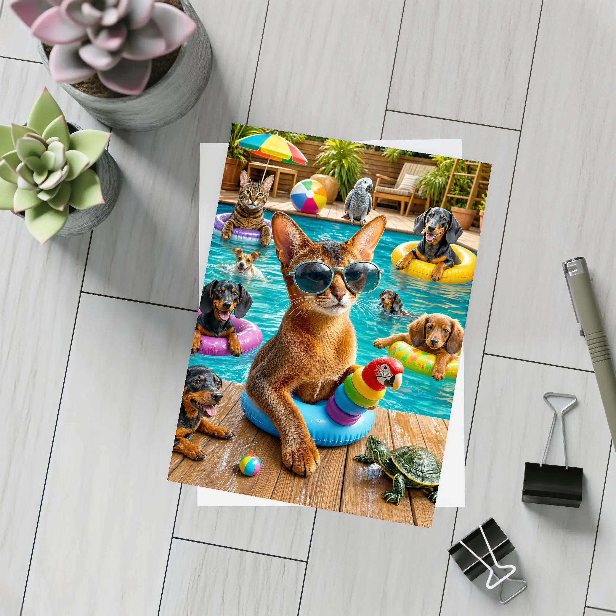 Abyssinian Cat Pool Party With Friends – Postcards