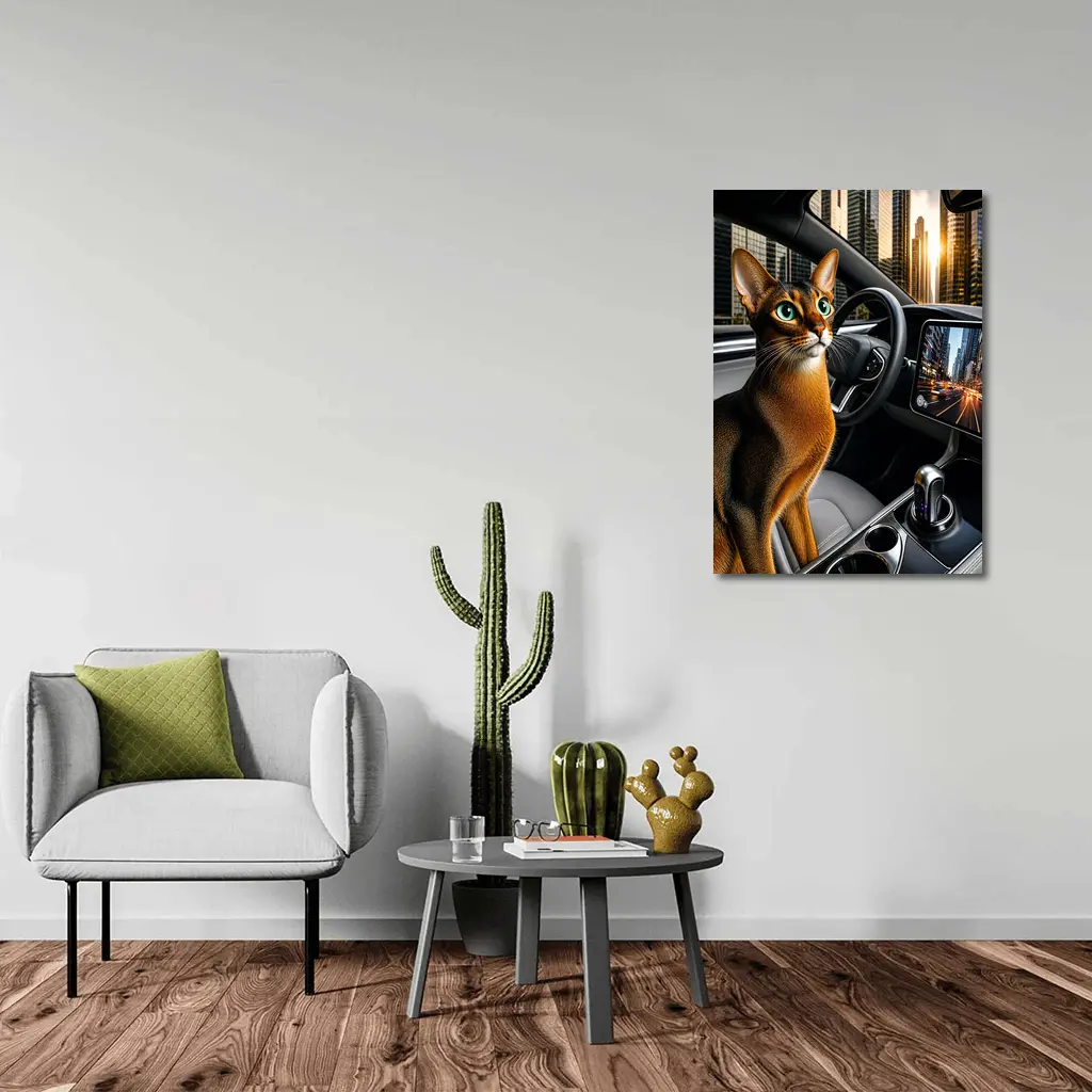 Abyssinian Cat Inside Modern Car City – Wall Art