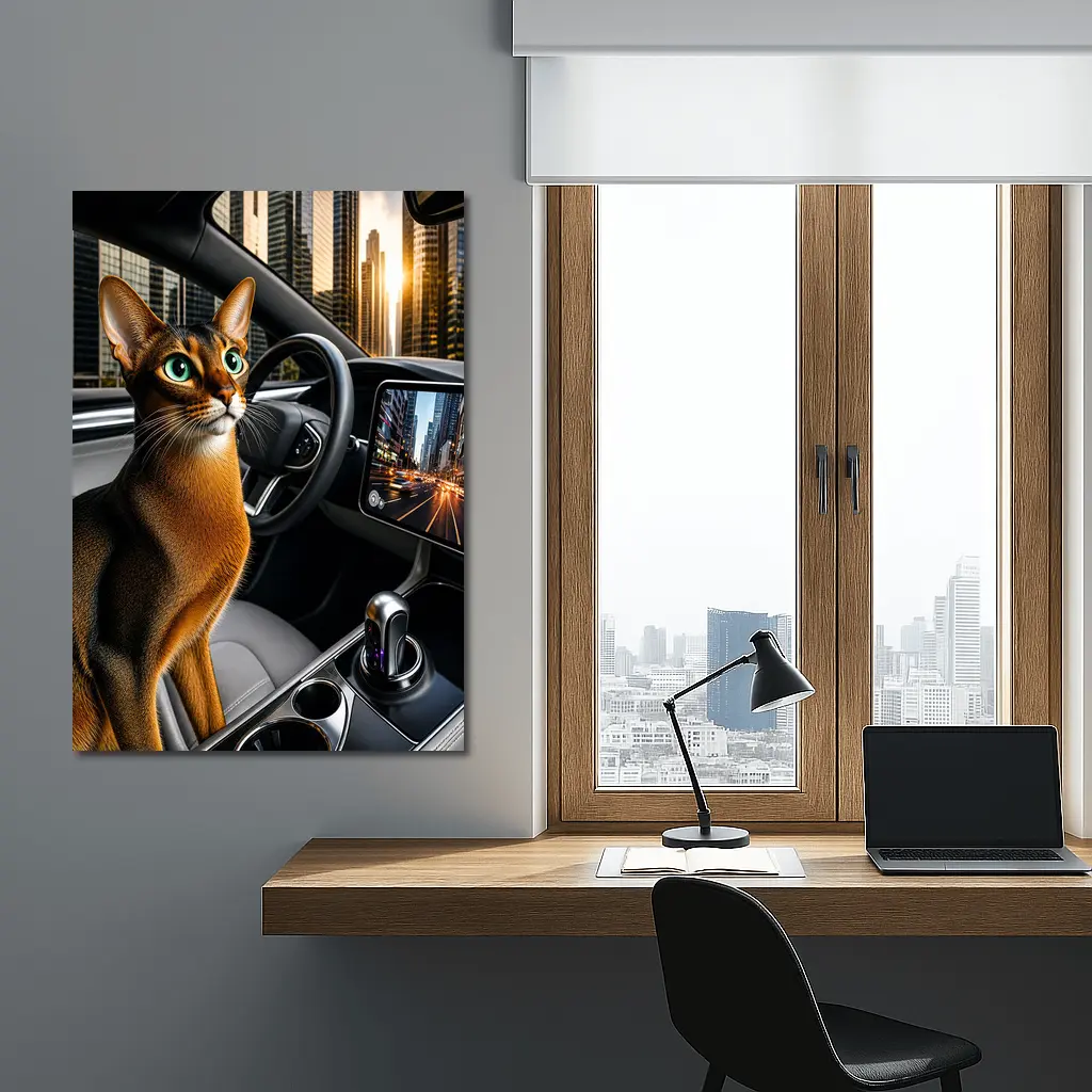 Abyssinian Cat Inside Modern Car City – Wall Art