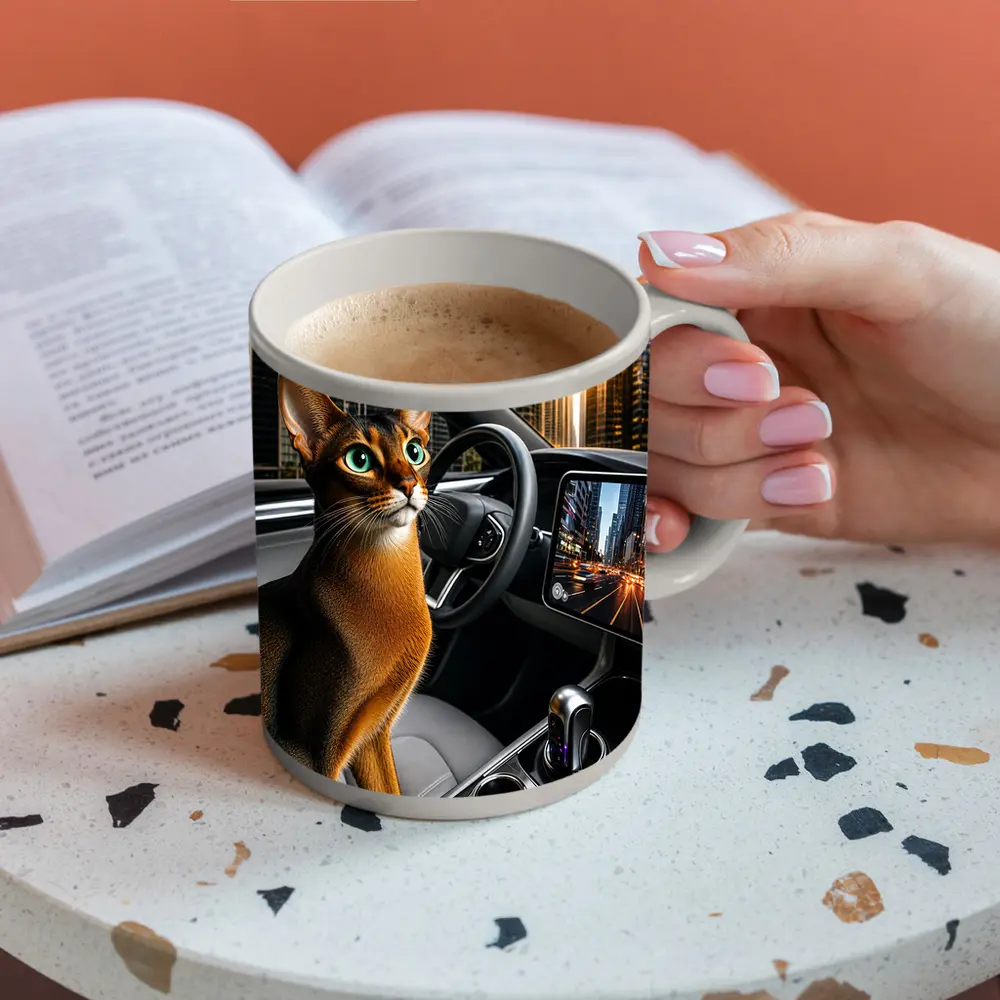 Abyssinian Cat Inside Modern Car City – Mugs