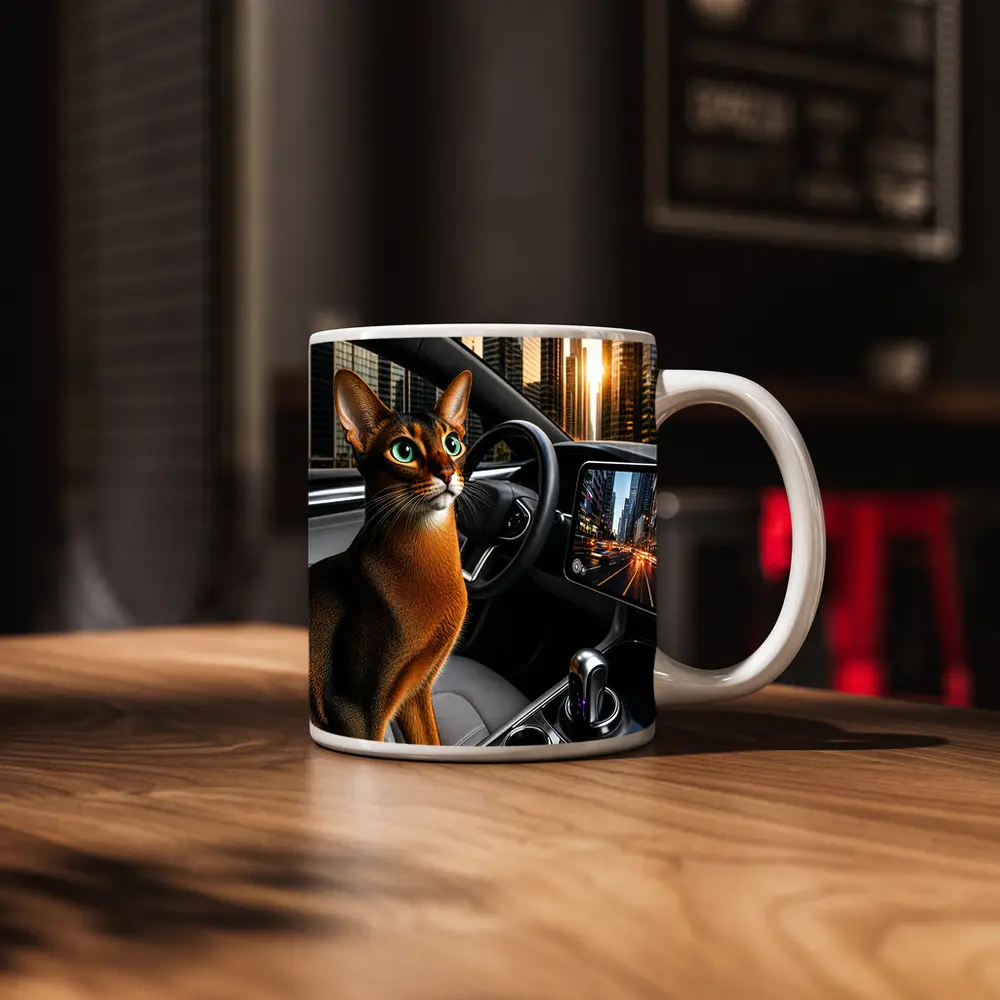 Abyssinian Cat Inside Modern Car City – Mugs