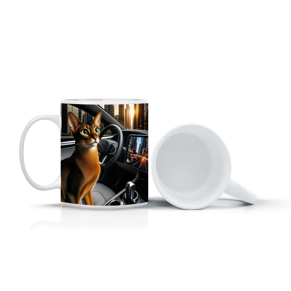 Abyssinian Cat Inside Modern Car City – Mugs