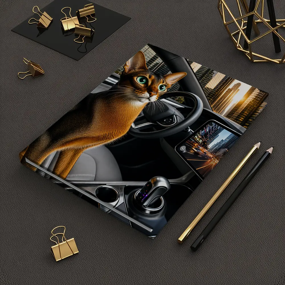 Abyssinian Cat Inside Modern Car City – Notebooks