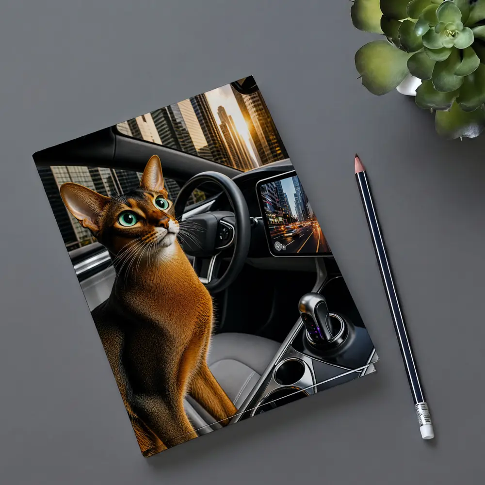 Abyssinian Cat Inside Modern Car City – Notebooks