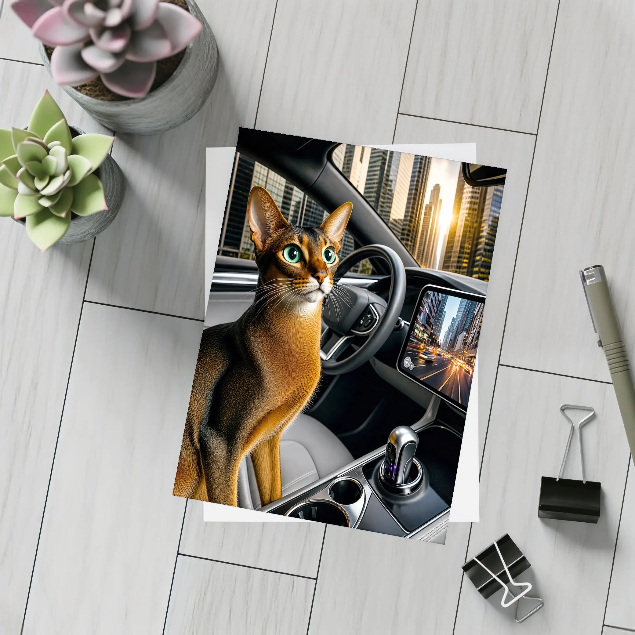 Abyssinian Cat Inside Modern Car City – Postcards