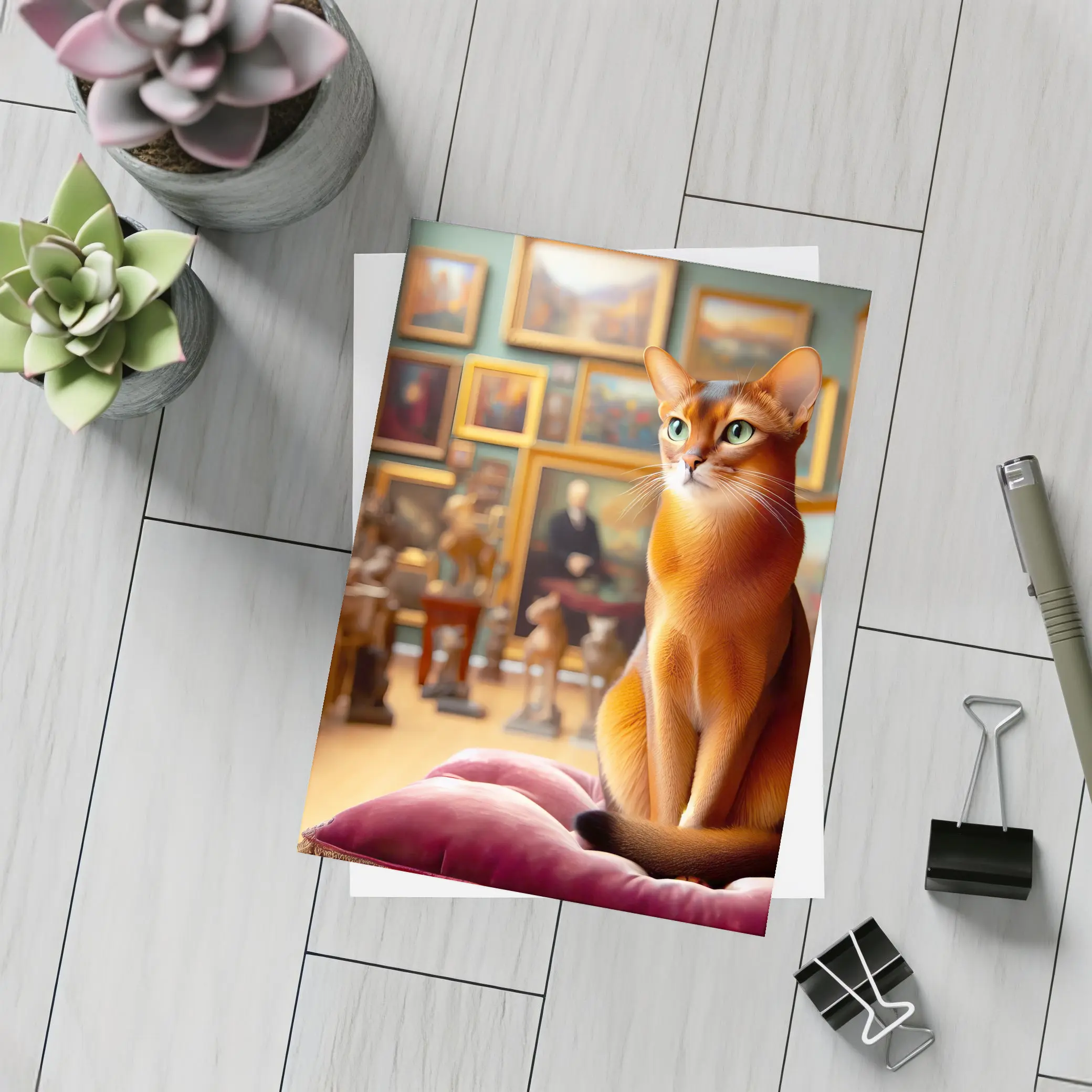 Abyssinian Cat Sitting in Art Gallery – Postcards
