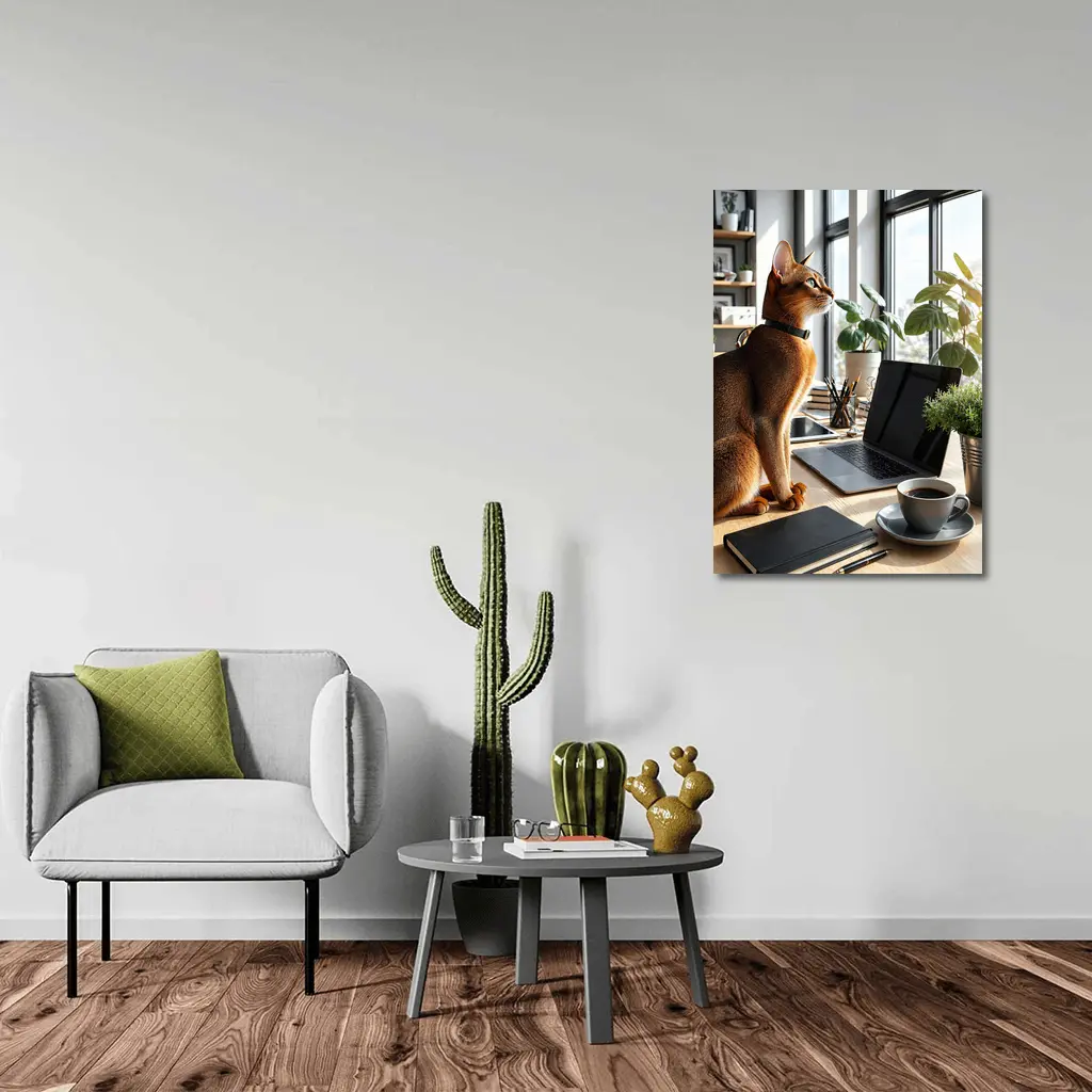 Abyssinian Cat Sitting at Modern Office Desk – Wall Art