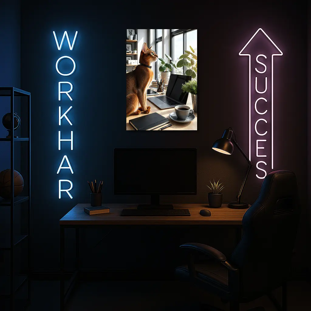 Abyssinian Cat Sitting at Modern Office Desk – Wall Art