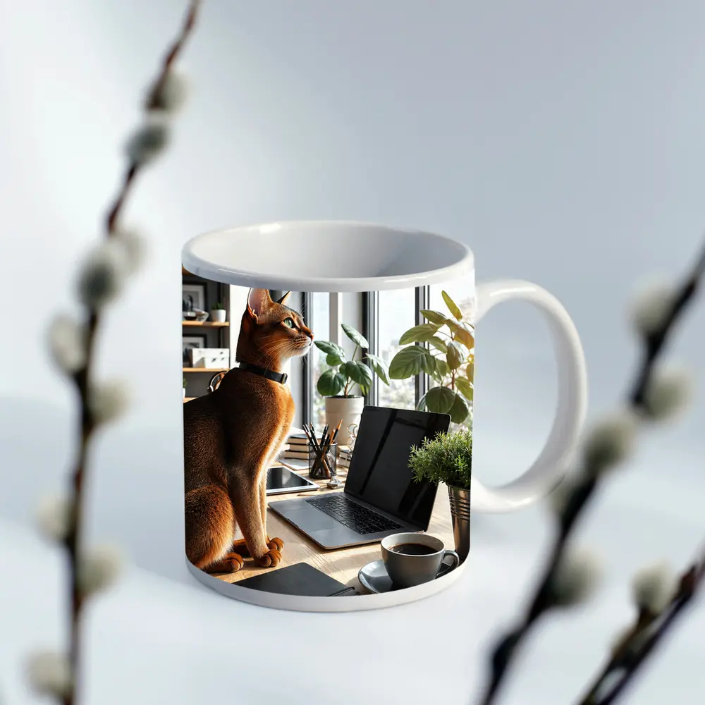 Abyssinian Cat Sitting at Modern Office Desk – Mugs
