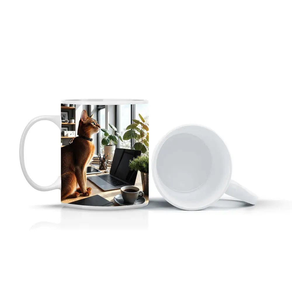 Abyssinian Cat Sitting at Modern Office Desk – Mugs