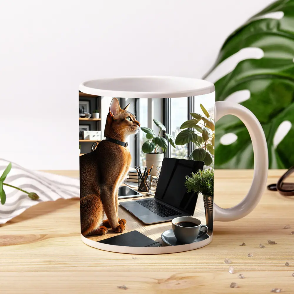 Abyssinian Cat Sitting at Modern Office Desk – Mugs