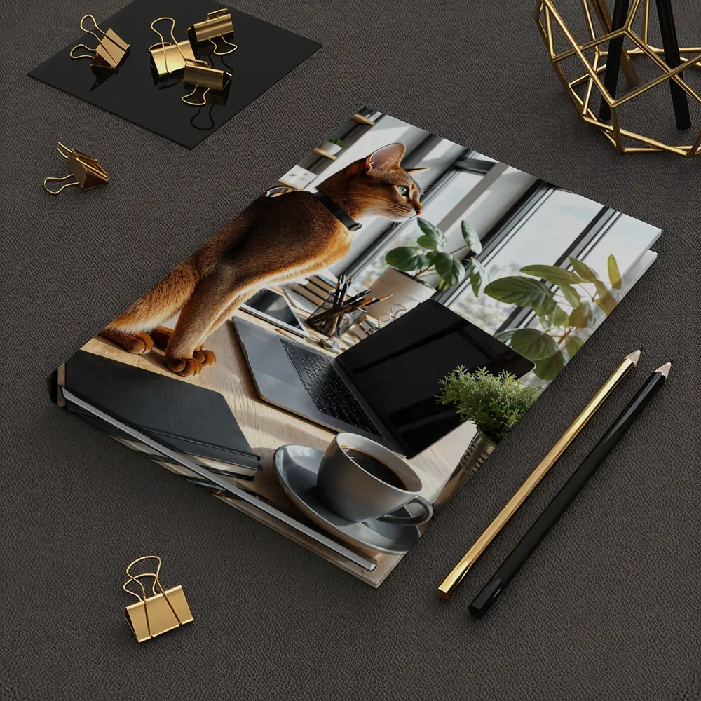 Abyssinian Cat Sitting at Modern Office Desk – Notebooks