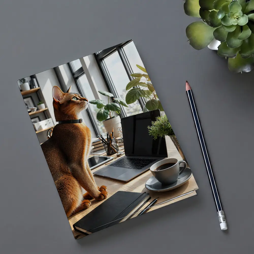 Abyssinian Cat Sitting at Modern Office Desk – Notebooks