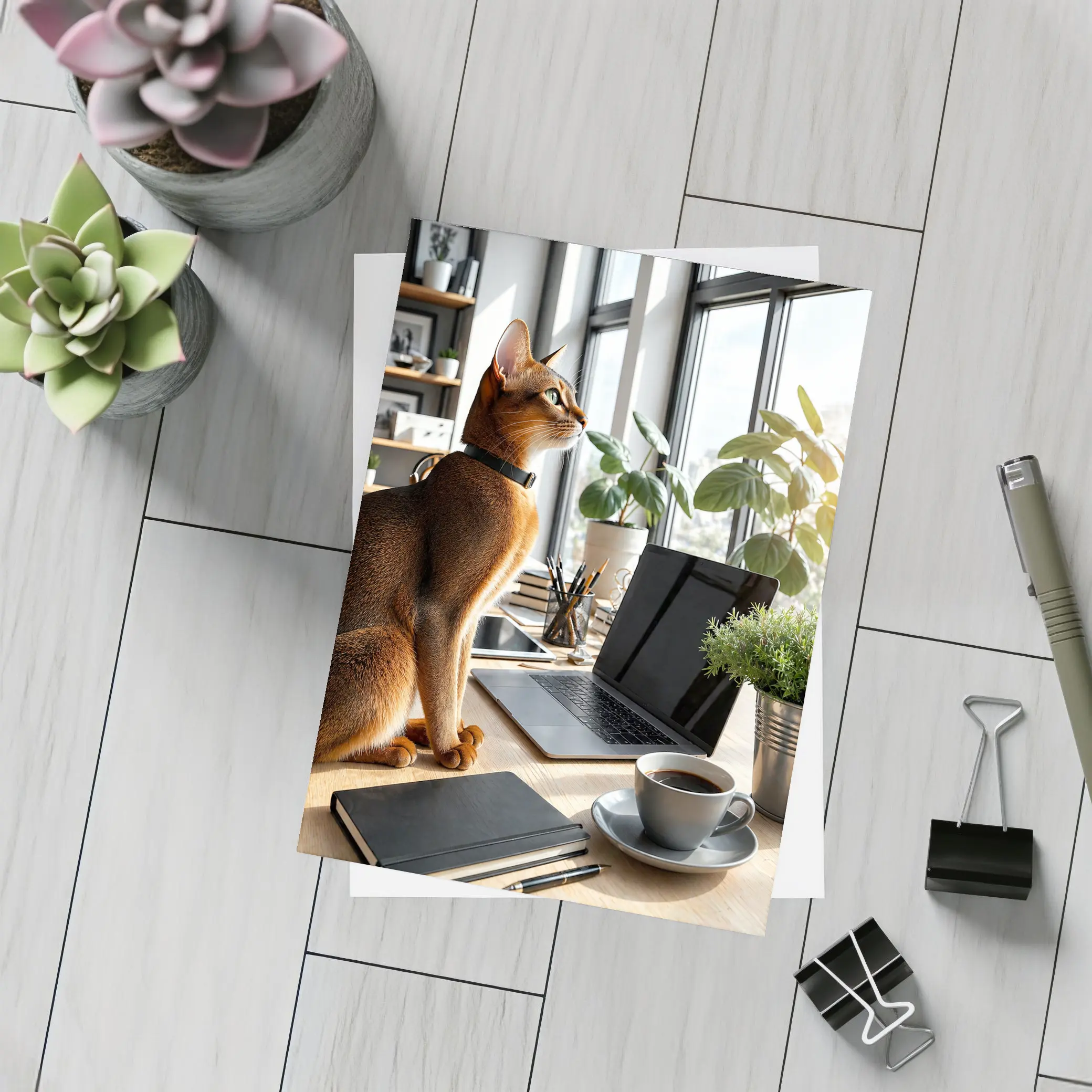 Abyssinian Cat Sitting at Modern Office Desk – Postcards