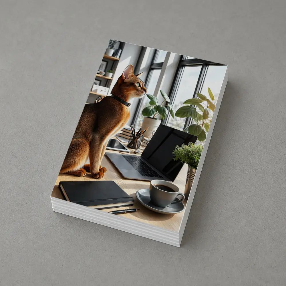 Abyssinian Cat Sitting at Modern Office Desk – Postcards