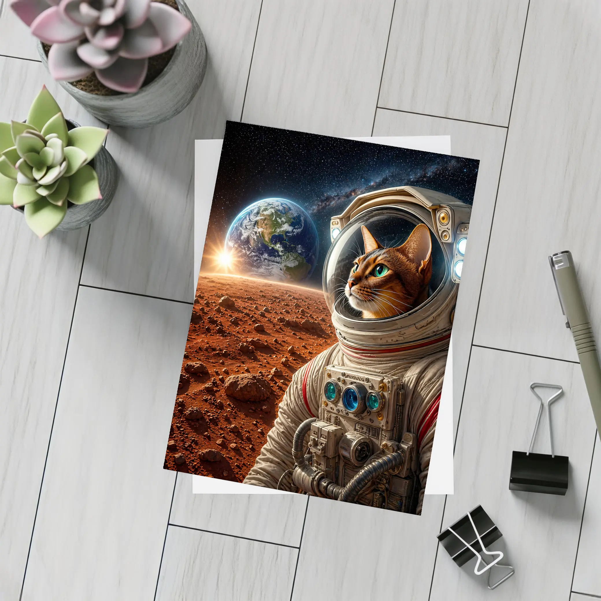 Abyssinian Cat Astronaut on Mars Surface – Postcards